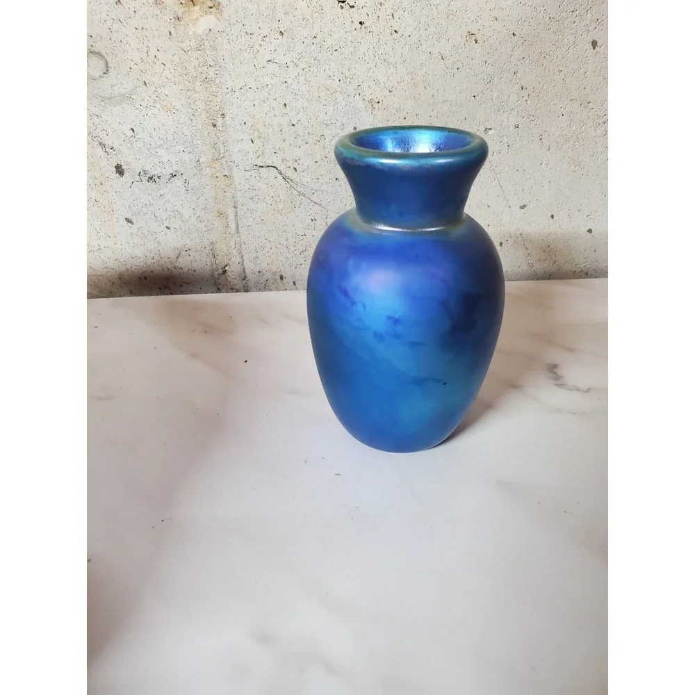 Stunning Blue Iridescent Glass Vase, Vintage, 4.25